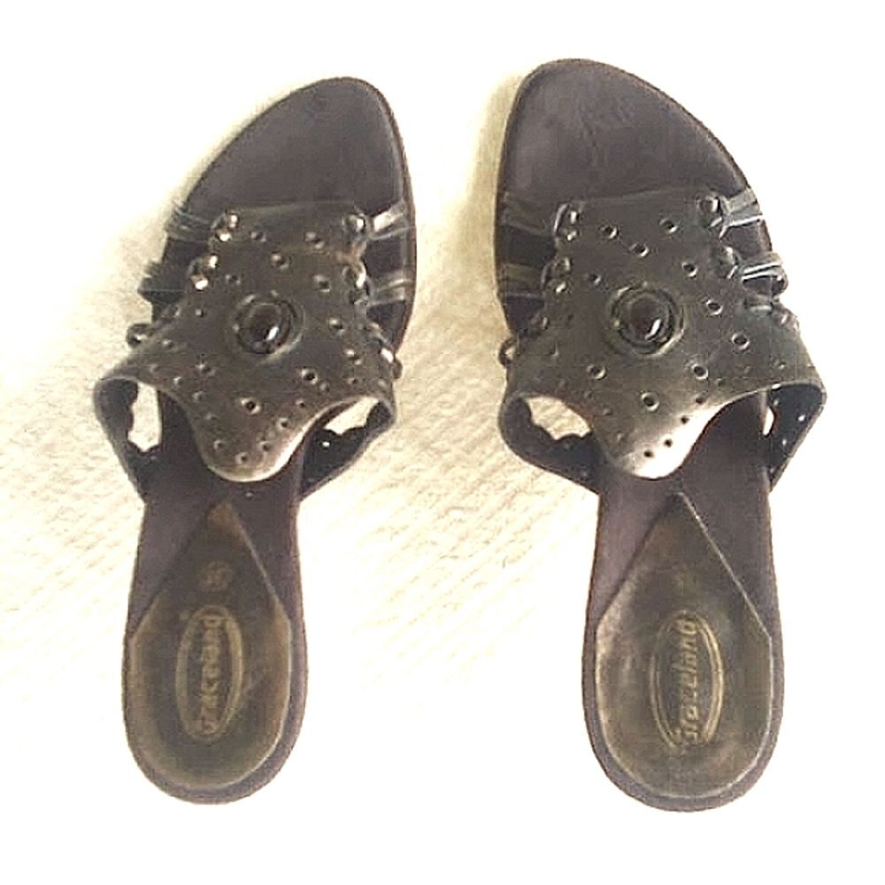 Graceland Sandals Mules Kitten Heels Bronze Rivets Y2K Metal Gems size EU 39